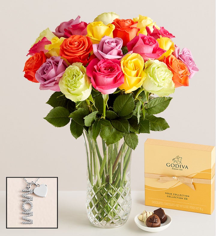 Two Dozen Assorted Roses with Luxury Posh™ Vase