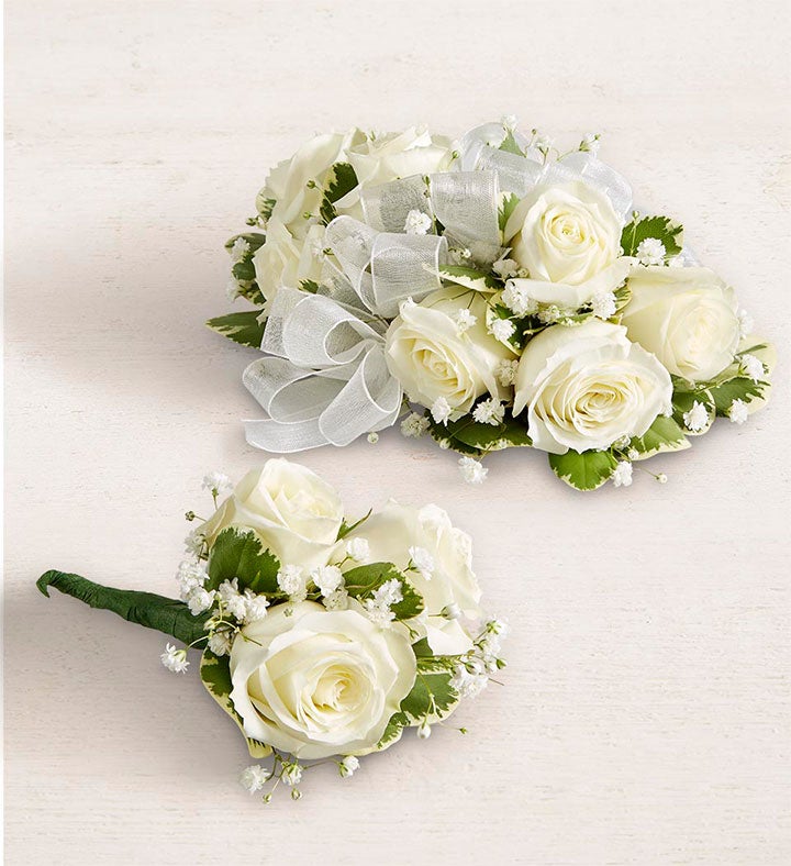 White Spray Rose Corsage and Boutonniere