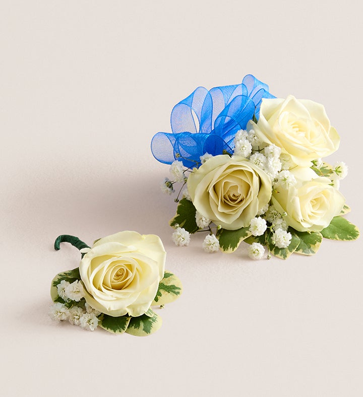 White Spray Rose Corsage & Boutonniere
