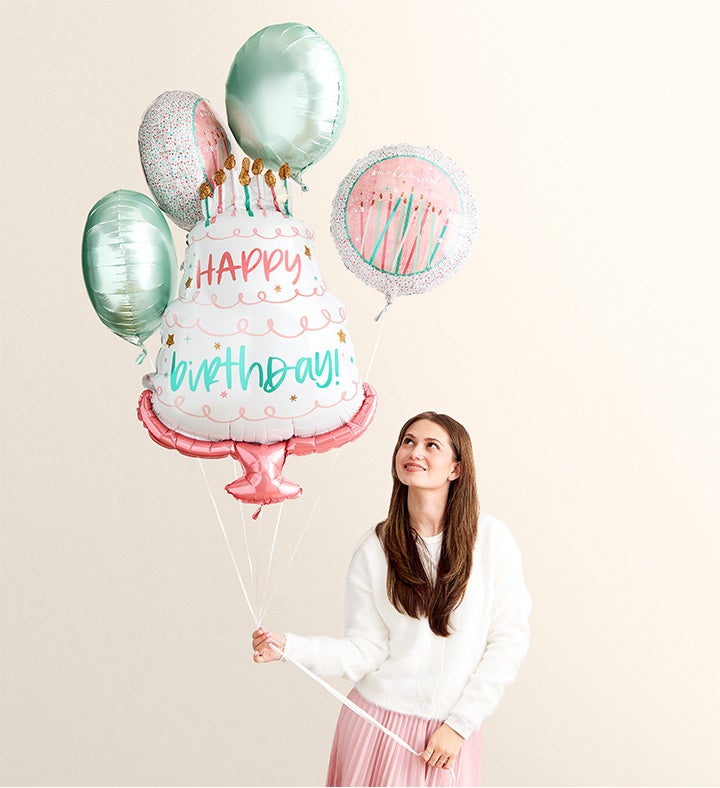 Elegant Blush™ Bouquet with Happy Birthday Balloon Bouquet