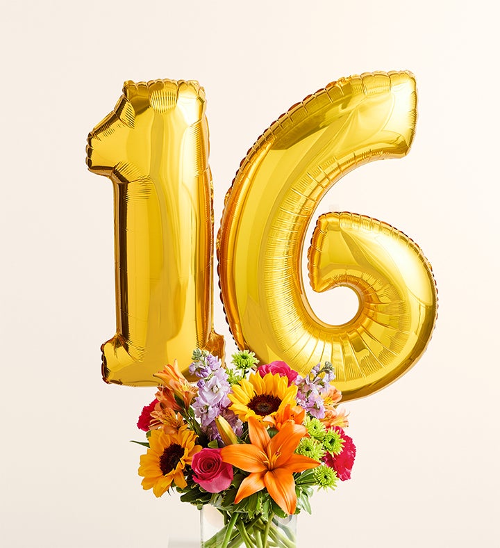 Floral Embrace™ with Number 16 Balloons
