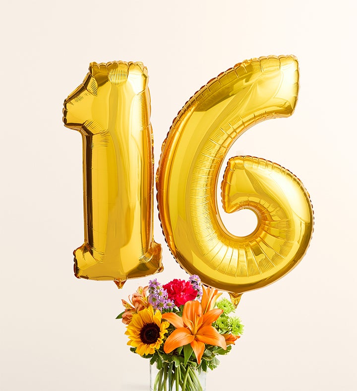 Floral Embrace™ with Number 16 Balloons