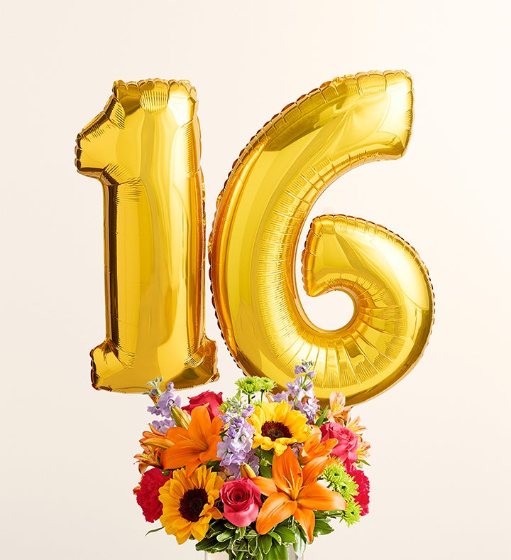 Floral Embrace™ with Number 16 Balloons