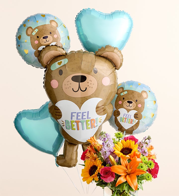 Floral Embrace™ with Feel Better Bear Balloon Arrangement