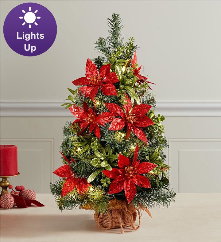 Shimmering Poinsettia Tree with Lights  18”