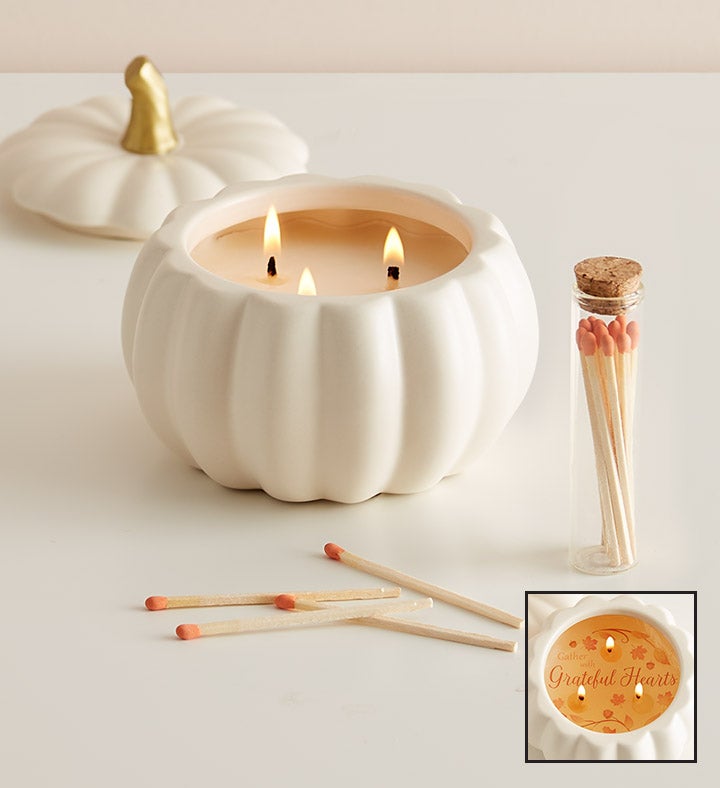 Grateful Hearts Pumpkin Wax Reveal Candle & Matches