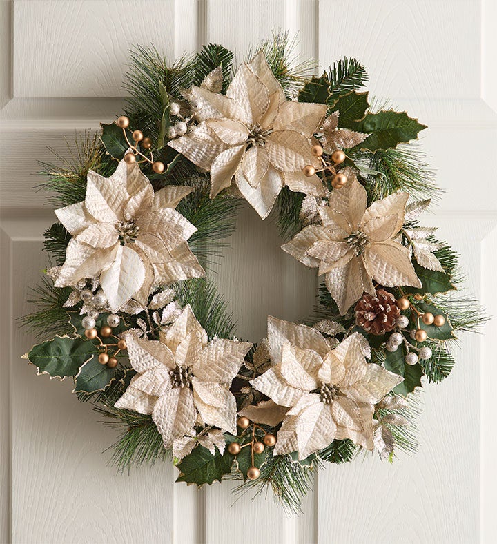 Glittering Ivory Poinsettia Wreath - 22&quot;