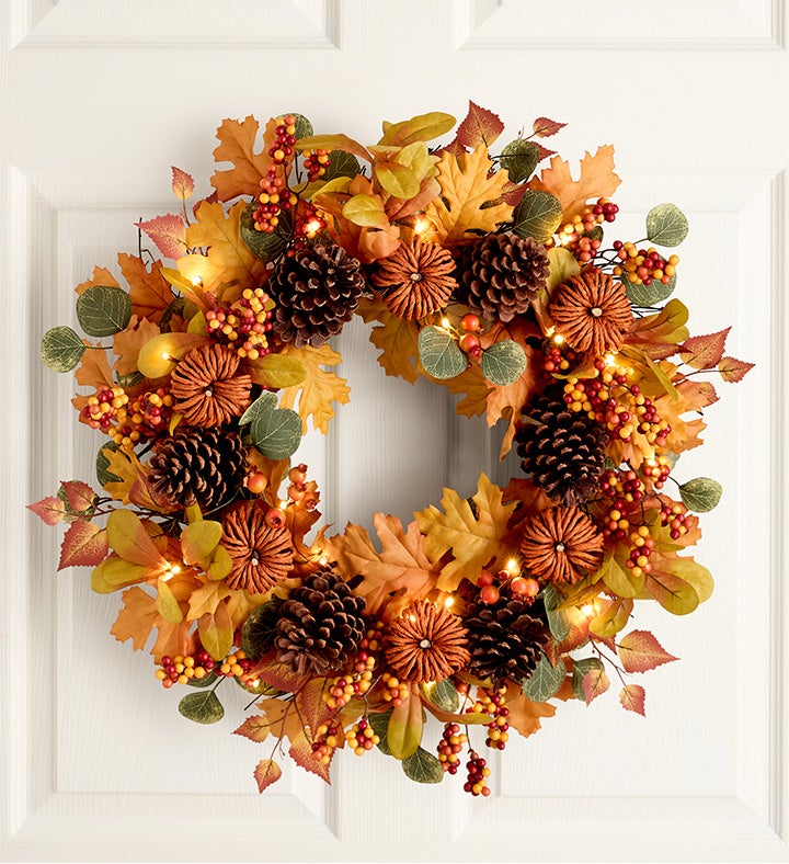 Maple Pumpkin Wreath with Lights- 24&quot;
