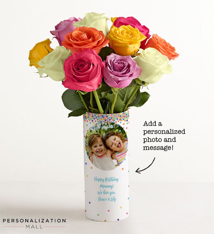 Birthday Confetti Bouquet with Personalized Photo Vase