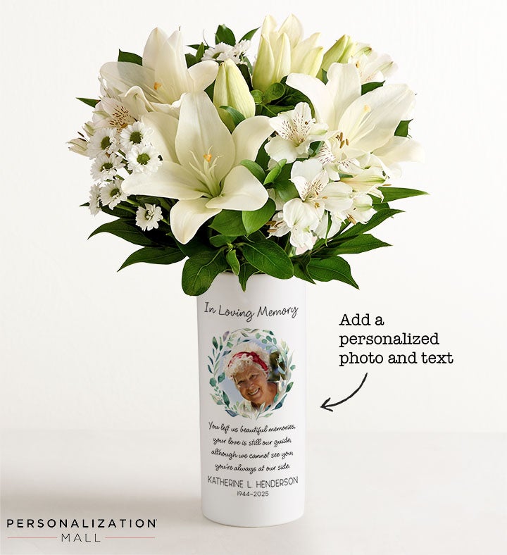 Serene Memorial Bouquet with Personalized Photo Vase