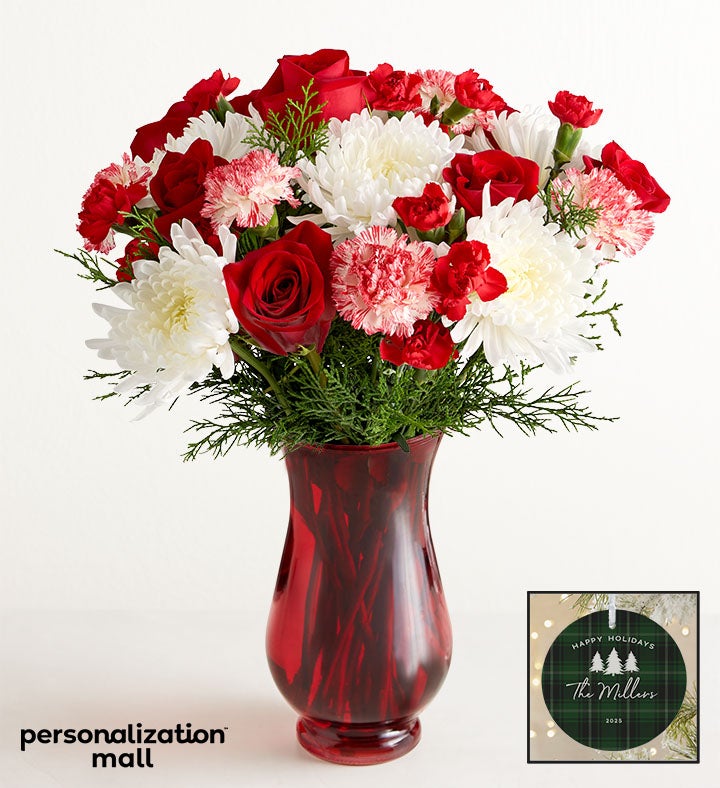 Holiday Plaid Bouquet with Personalized Ornament