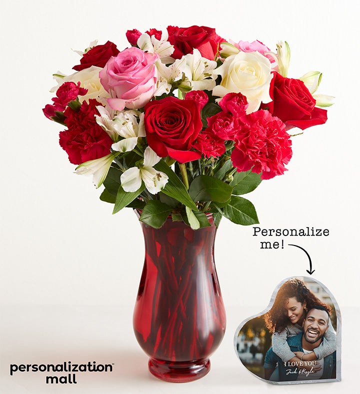 Forever Us Bouquet with Personalized Photo Heart Keepsake