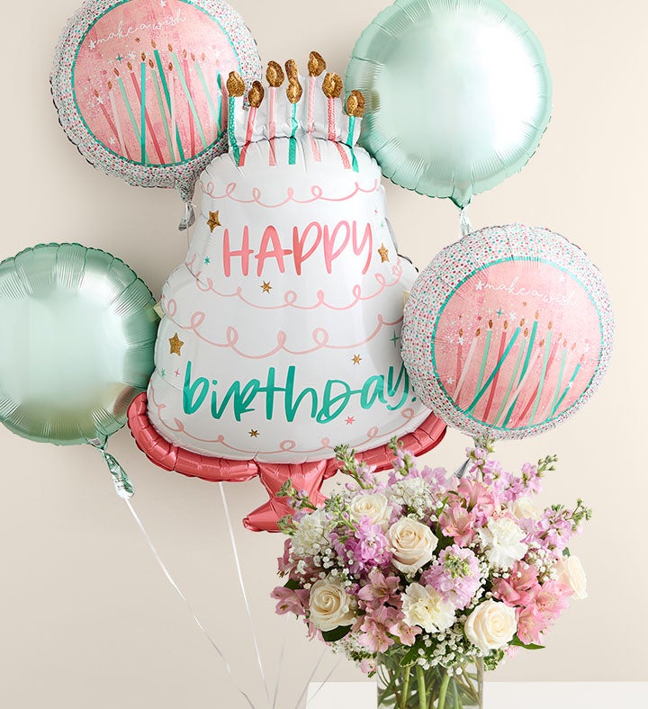 Elegant Blush™ Bouquet with Birthday Balloon Arrangement