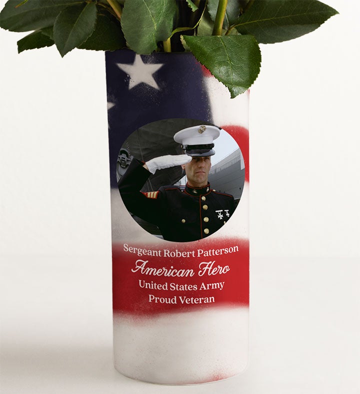 Military Pride Bouquet with Personalized Photo Vase
