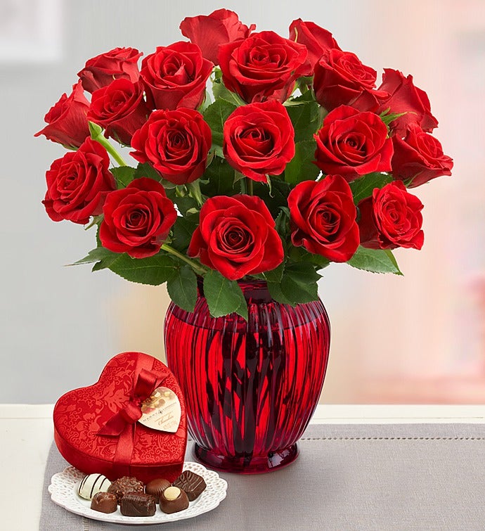 Red Roses, 18 Stems with Chocolate