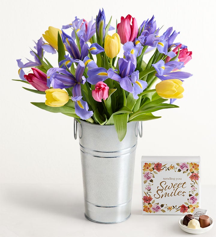 Fanciful Spring Tulip & Iris Bouquet + Free Vase