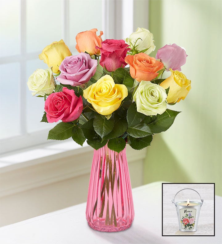 One Dozen Assorted Roses + Free Candle