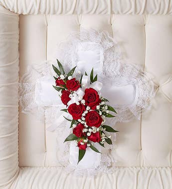 Red  White Satin Cross Casket Pillow