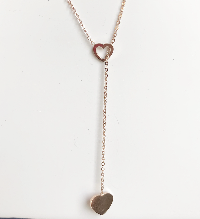 Rose Gold Double Heart Lariat Necklace