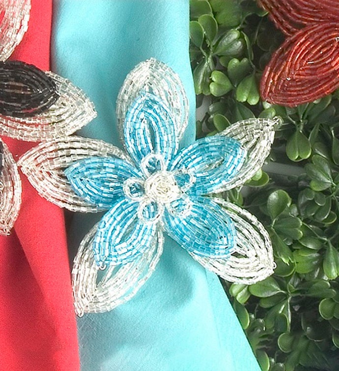 Set of Four Flat Beaded Flower Napkin Rings