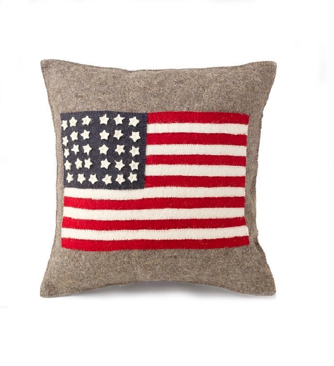 Handmade Cushion Cover in Hand Felted Wool   American Flag on Gray   20"