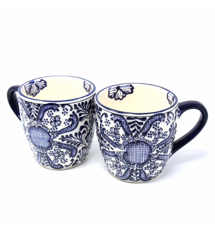 Rounded Mugs   Blue Flowers Pattern, Set of Two   Encantada