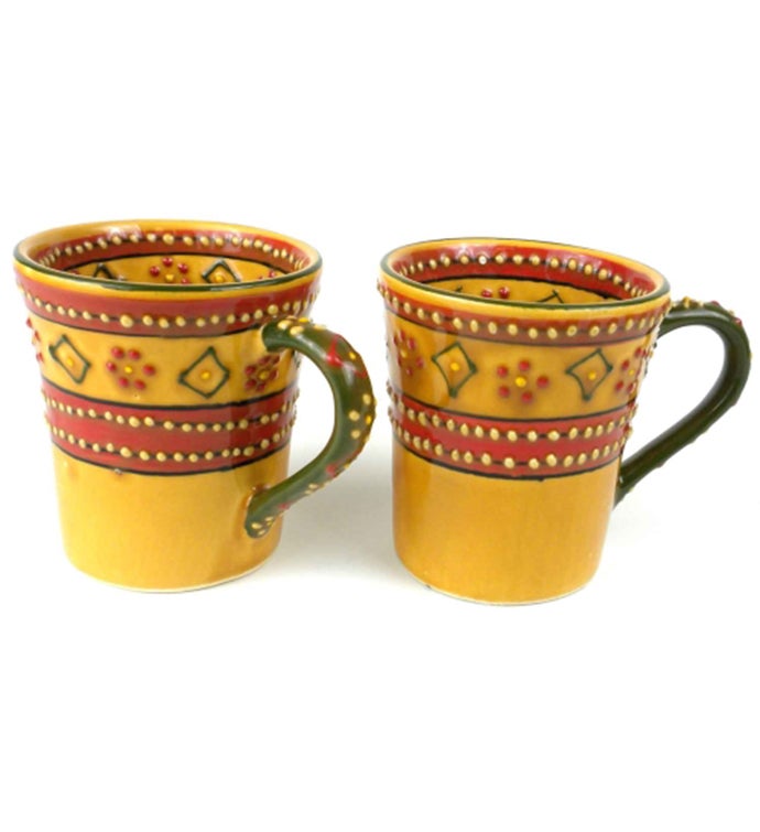 Global Crafts Encantada Handmade Pottery Set of 2 Mugs, Mas Red