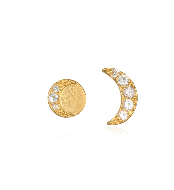 White Topaz Gold Moon Stud Earrings