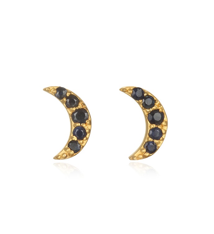 Blue Sapphire Gold Moon Stud Earrings