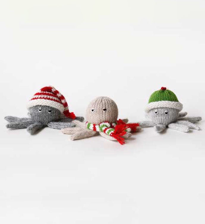 Octopus Ornaments in Christmas Hats and Scarves