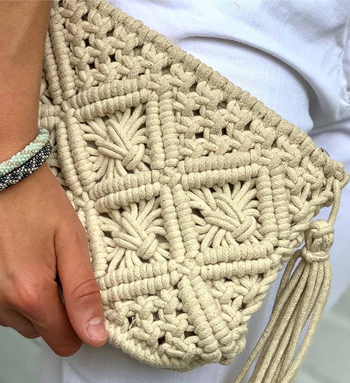 Handwoven Macrame Clutch With Tassel, Natural