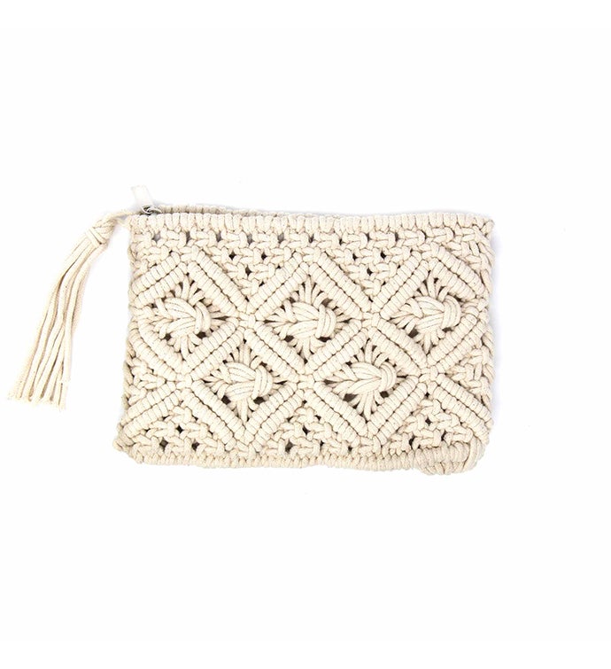 Handwoven Macrame Clutch With Tassel, Natural