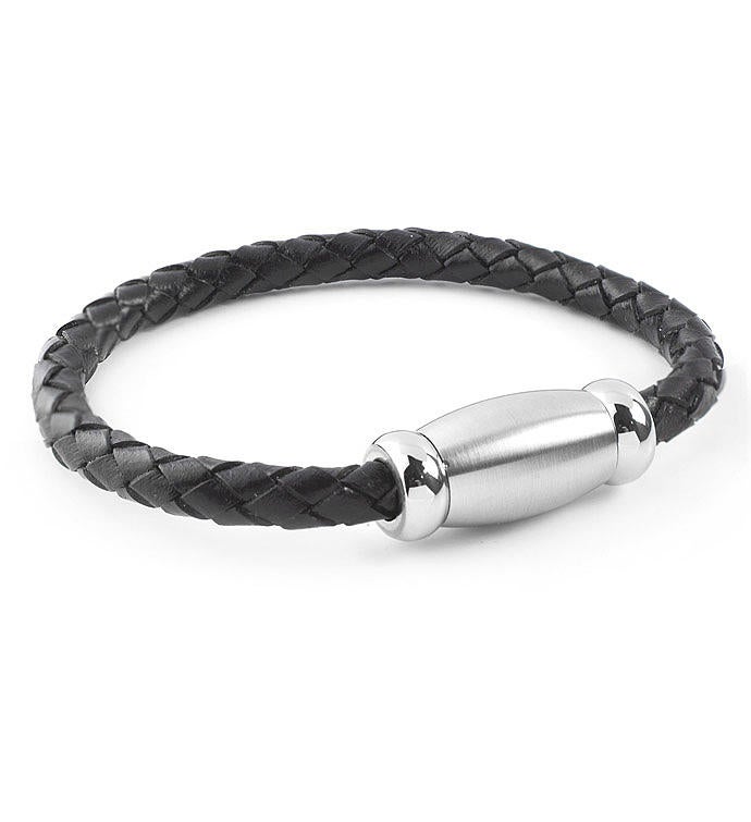 Black Braided Brushed Stainless Steel Leather Bracelet