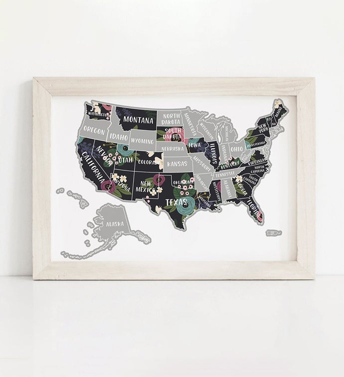 Scratch Your Travels Navy Floral Usa Map