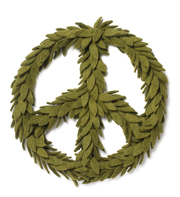 Handmade Hand Felted Wool Wreath - Peace Symbol In Green