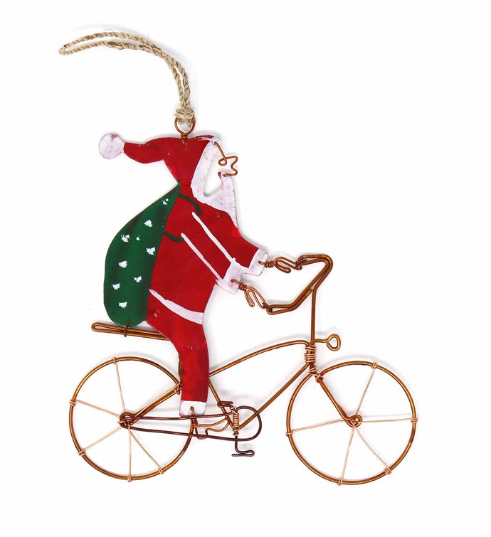 Kenyan Recycled Wire Bike Riding Santa Ornament