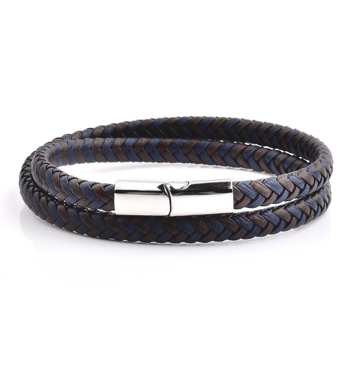 Blue And Brown Braided Leather Wrap Bracelet