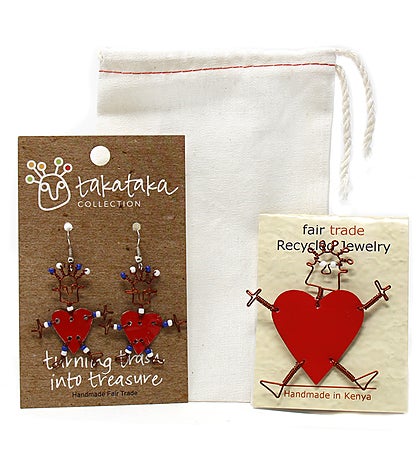 Recycled Tin Dancing Red Heart Pin & Earring Set (Kenya)
