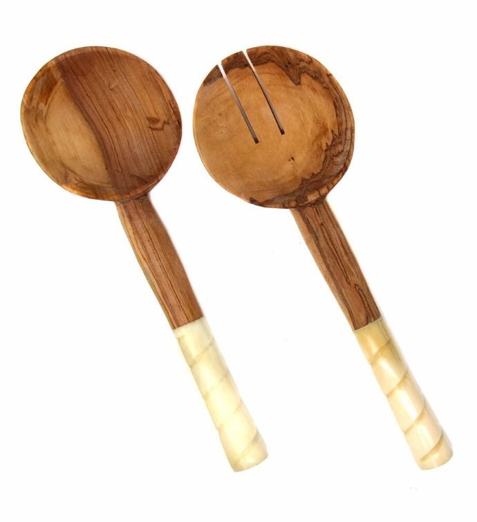 Hand Carved Olive Wood Serving Set With Bone Handles