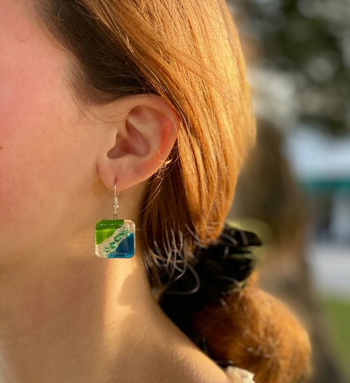 Hand-blown Fused Glass Square Dangle Earrings