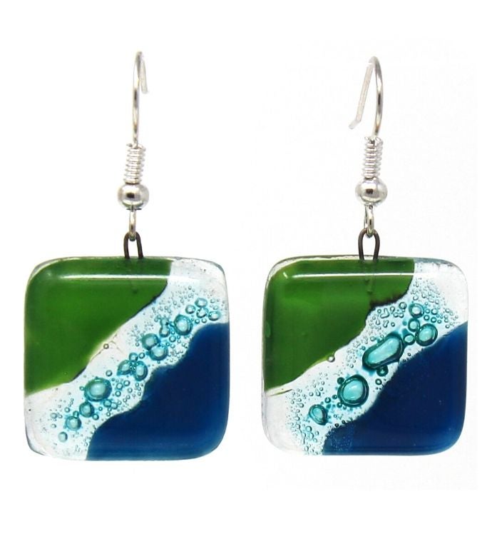 Hand blown Fused Glass Square Dangle Earrings