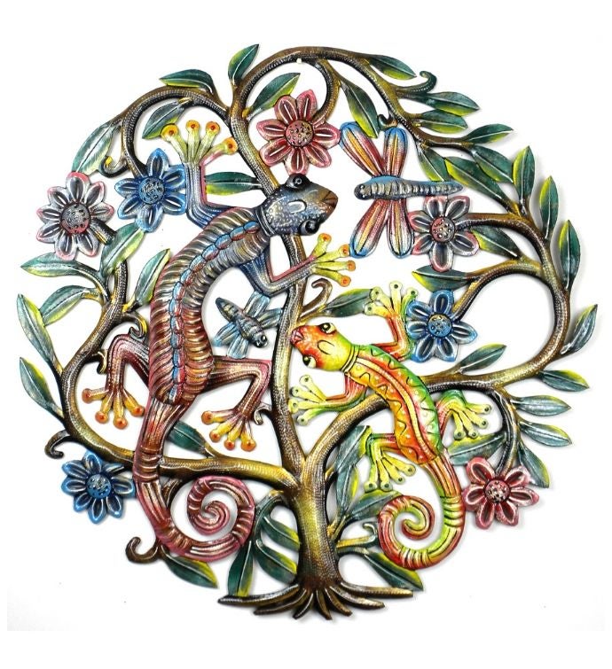 Recycled Metal Tree Of Life With Geckos Wall Art, 24"
