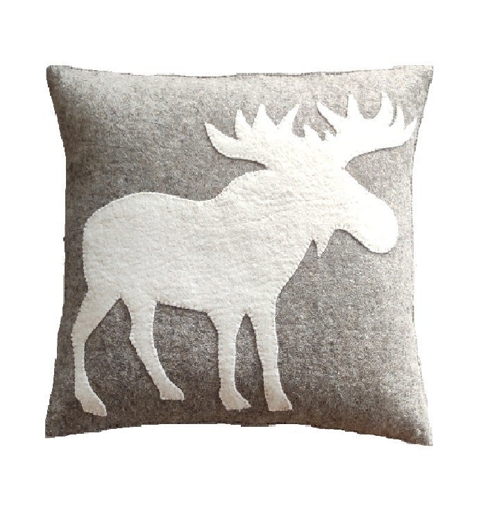 Cream Moose Silhouette On Gray Hand Felted Wool Pillow