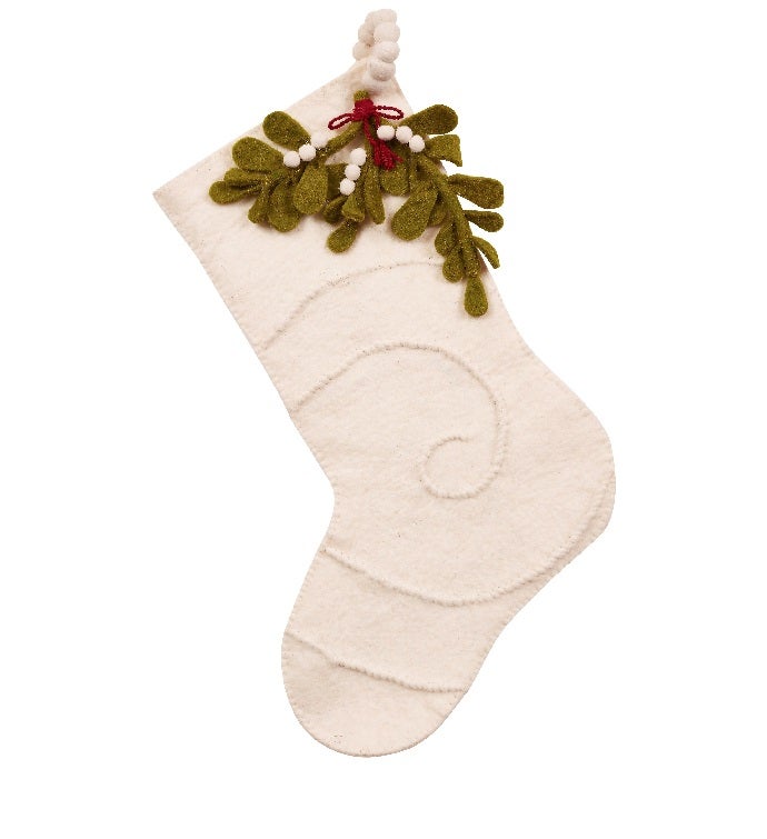 Mistletoe On Cream Christmas Stocking in Hand Felted Wool