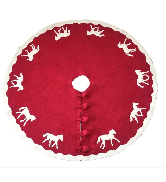 Horses On Red Handmade Christmas Tree Skirt in Felt