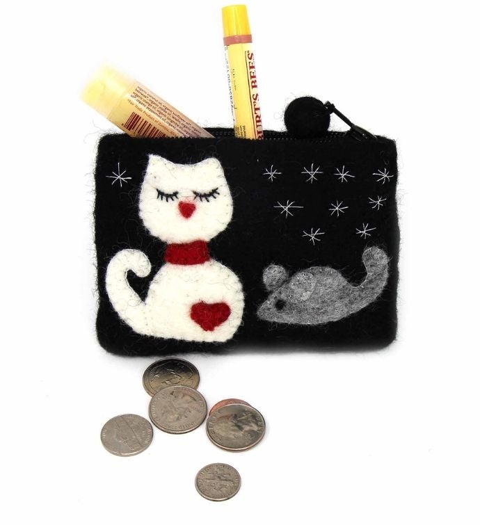 Handmade Cat & Mouse Felt Coin Purse