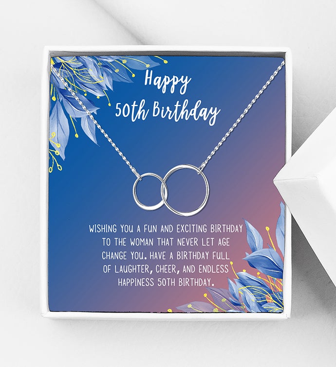 Happy 50th Birthday Gold Dainty Infinity Rings Card Necklace