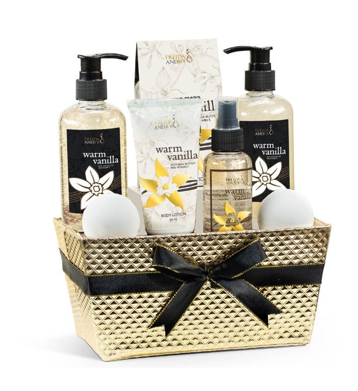 Warm Vanilla Fragrance Bath & Body Gift Set in Gold Basket