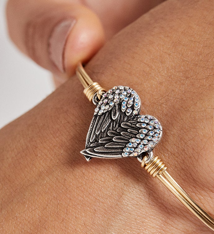 Angel Wing Heart Bangle Bracelet With Crystals