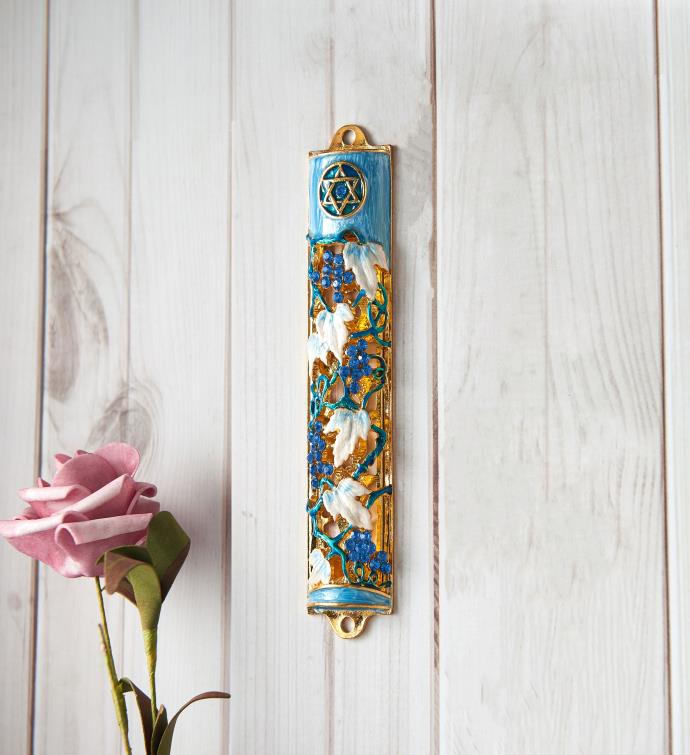 Matashi Hand Painted 6" Enamel Grape Mezuzah W/ Gold Accents & Crystals